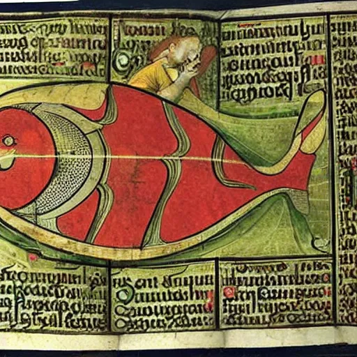 Image similar to medieval illuminated manuscript bible page depicting jonah in the belly of the whale