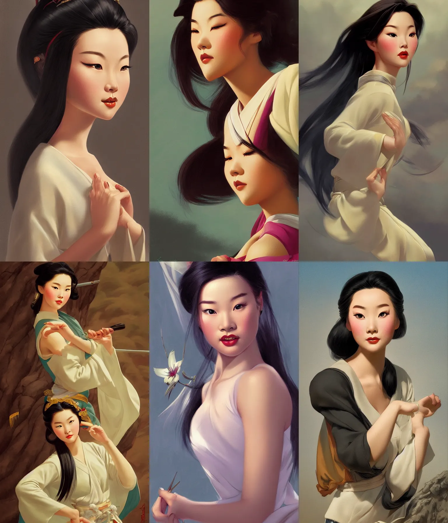 Prompt: portrait of a young mulan, dreamy and ethereal, expressive pose, peaceful expression, elegant, highly detailed, digital painting, artstation, concept art, smooth, sharp focus, by gil elvgren