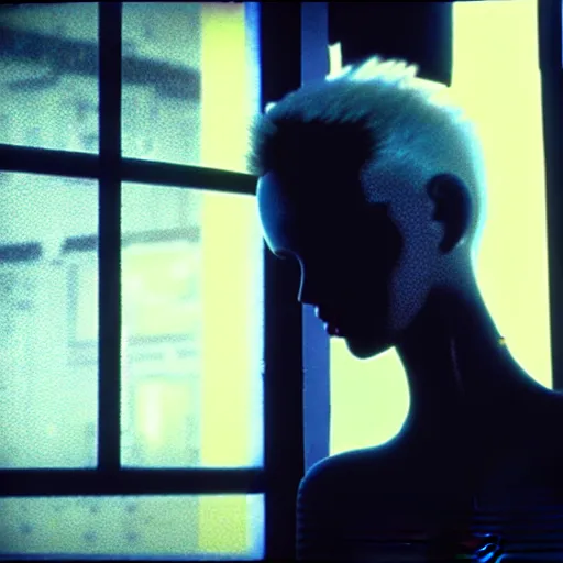 Image similar to worried, runaway beautiful android looking out at you through the window in a dirty abandoned factory, short spiky blonde hair, cyberpunk outfit, still from closed circuit tv footage, high angle
