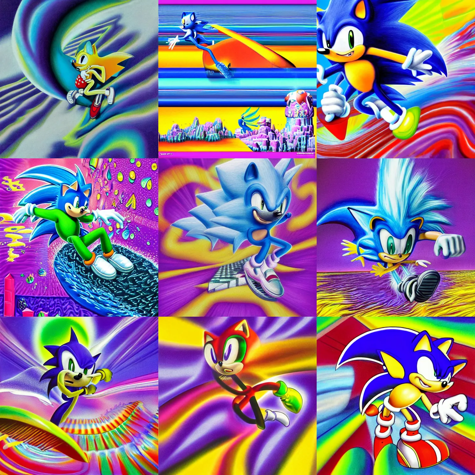 Prompt: surreal, sharp, detailed professional, soft pastels, high quality airbrush art mgmt album cover of a liquid dissolving airbrush art lsd dmt sonic the hedgehog surfing through cyberspace, purple checkerboard background, 1 9 9 0 s 1 9 9 2 sega genesis video game album cover