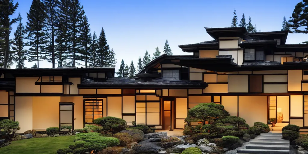 Image similar to large modern residence, pacific northwest japanese style, flared japanese black tile roof, many windows with warm light, elegant