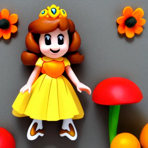 Image similar to Princess Daisy of the mushroom kingdom in a yellow and orange dress holding a floral sword, 4k, 100lb cardstock