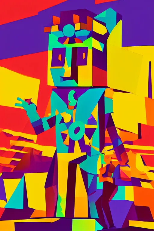 Image similar to cubist moai statue cutout digital illustration cartoon colorful beeple