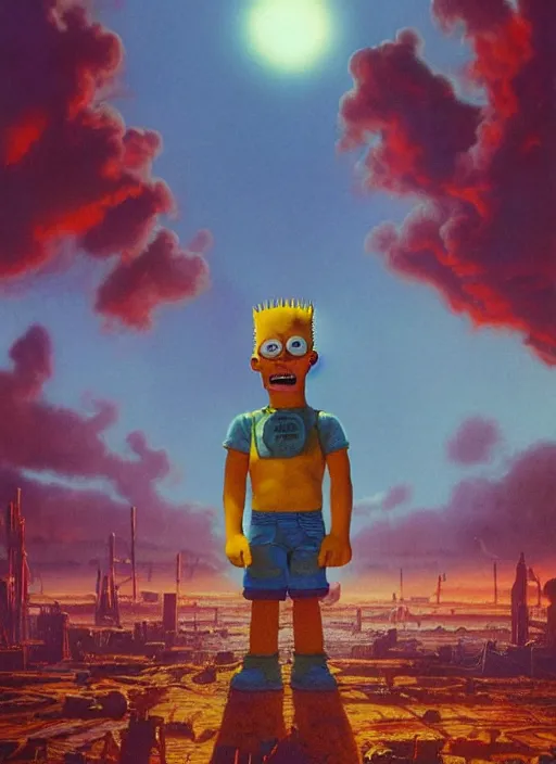 Prompt: dystopian bart simpson, epic, cinematic shot, 8k, by Bruce Pennington, sharp focus, highly detailed, saturated