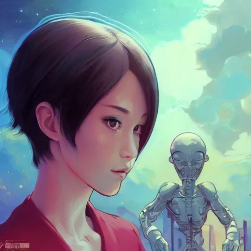 Image similar to A potrait of an alien with big and cute eyes, fine-face, realistic shaded perfect face, fine details. Night setting. Very anime style. Realistic shaded lighting poster by Ilya Kuvshinov katsuhiro, magali villeneuve, artgerm, Jeremy Lipkin and Michael Garmash, Rob Rey and Kentarõ Miura style, trending on art station