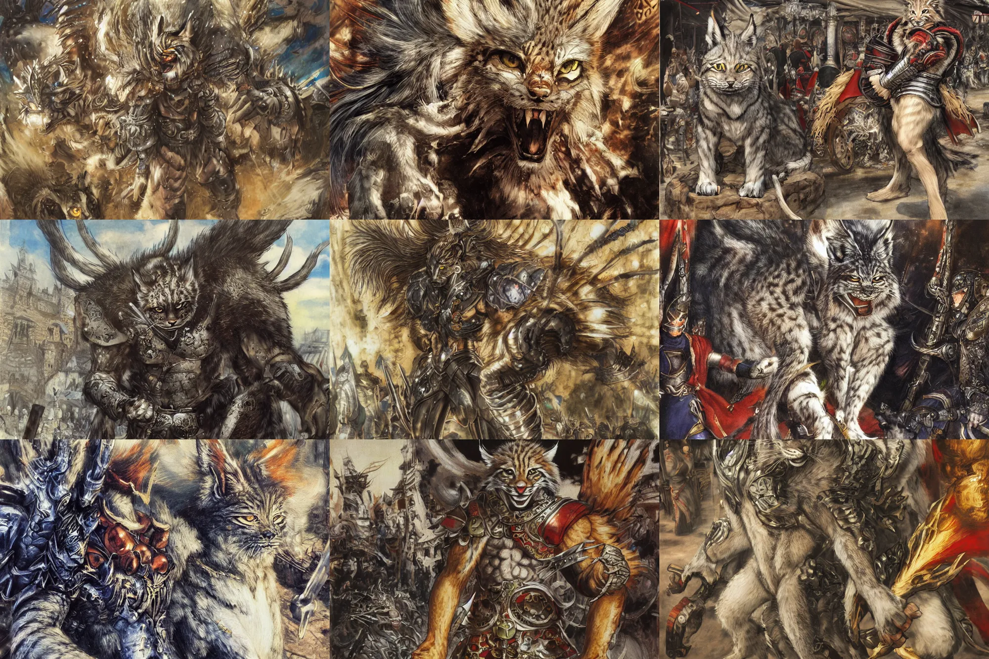 Image similar to 8k Yoshitaka Amano painting of upper body of a young cool looking lynx beast-man with white mane at a medieval market at windy day. Depth of field. He is wearing complex fantasy armors. He has huge paws. Renaissance style lighting.