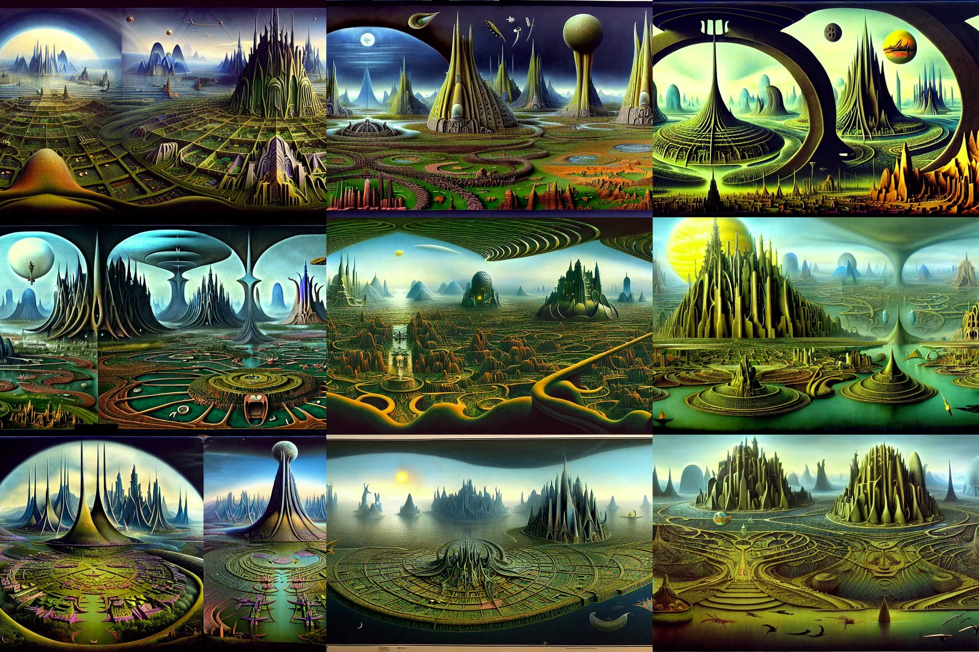 Prompt: a beautiful and insanely detailed matte painting of an advanced sprawling civilization with surreal architecture designed by Heironymous Bosch and Jim Burns, mega structures inspired by Heironymous Bosch's Garden of Earthly Delights, a beautiful and insanely detailed matte painting of an advanced sprawling civilization with surreal architecture designed by Heironymous Bosch and Jim Burns, mega structures inspired by Heironymous Bosch's Garden of Earthly Delights, a beautiful and insanely detailed matte painting of an advanced sprawling civilization with surreal architecture designed by Heironymous Bosch and Jim Burns, mega structures inspired by Heironymous Bosch's Garden of Earthly Delights, vast horizons by Jim Burns and Tyler Edlin, vast horizons by Jim Burns and Tyler Edlin, masterpiece!!, grand!, imaginative!!!, whimsical!!, epic scale, intricate details, sense of awe, elite, complex layered composition!!