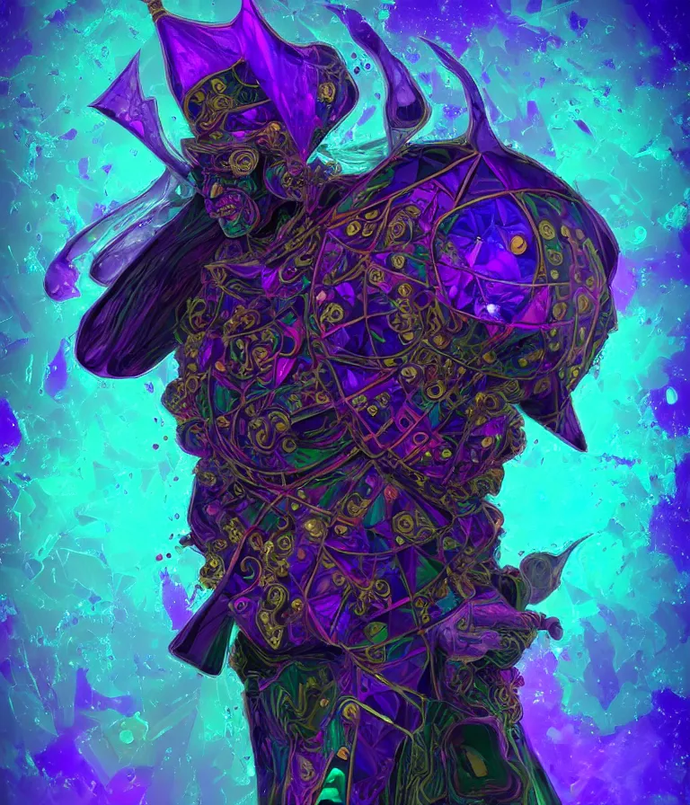 Image similar to front!!! shot of a court jester!!! character, mesmerizing fractal hypercubes, dark holography!!!, future, oil slick nebula, crystalline jagged!! edges, (((intricate))), elegant, highly detailed, centered, (((artstation, concept art, smooth, sharp focus, artgerm, Tomasz Alen Kopera, Peter Mohrbacher, donato giancola, Joseph Christian Leyendecker, WLOP, Boris Vallejo))), ((raytracing)), mugshot!!!!!, ugly!!!!!!, octane render, nvidia raytracing demo, octane render, nvidia raytracing demo, octane render, nvidia raytracing demo, grainy, muted, 8K, digitalblasphemy, metatron