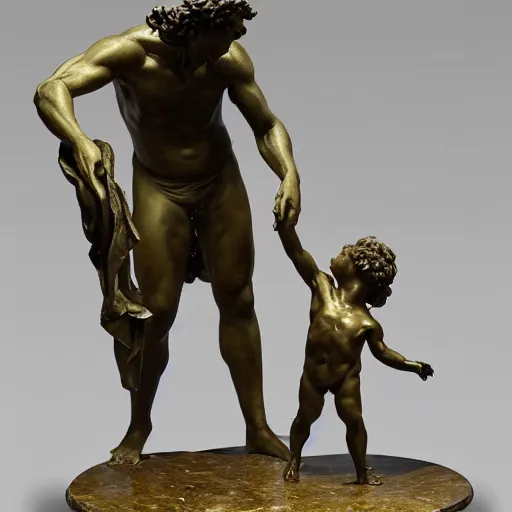 Image similar to statue of Goya's Saturno devorando a su hijo, as sculpted by HR Geiger, Geiger art, extremely detailed, background is a low light museum, 4k