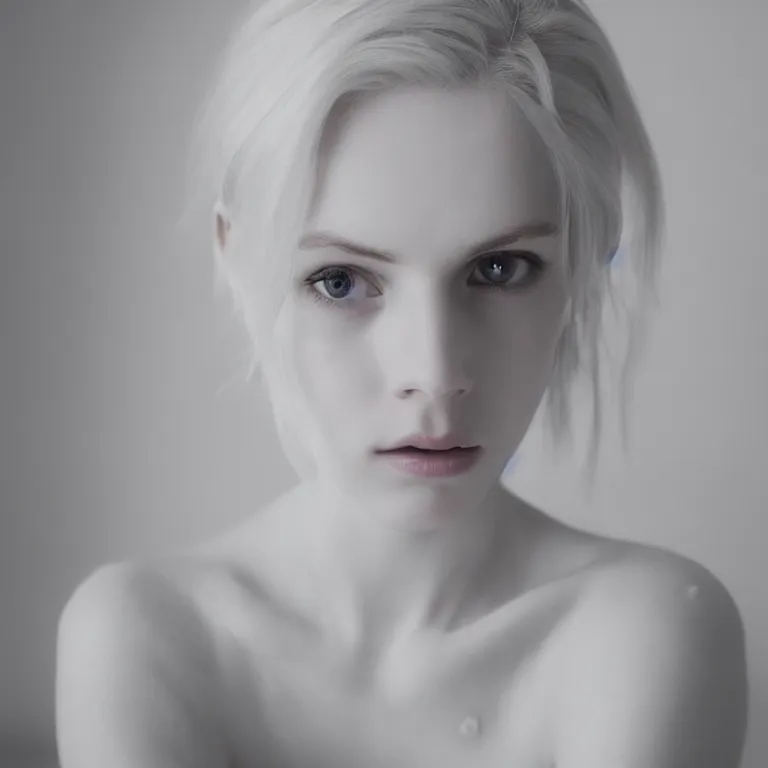 Image similar to cute annie leonhart in a white room, beautiful face, pale skin, rule of thirds, cinematic lighting, rainy weather, melancholy atmosphere, sharp focus, backlit, stunning, model agency, smooth, hard focus, full body shot, instagram photo, shot on iphone 1 3 pro max, hyper realistic,