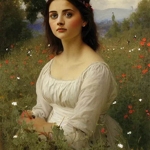 Image similar to jenna coleman sitting in a field of wildflowers. beautiful painting by bouguereau.