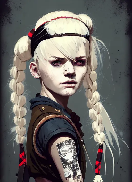 Prompt: highly detailed closeup portrait of a sewer punk swedish female road warrior student, tartan garment, blonde hair pigtails with headband by atey ghailan, by greg rutkowski, by greg tocchini, by james gilleard, by joe fenton, by kaethe butcher, gradient cyan, black, brown and white color scheme, grunge aesthetic!!! white graffiti tag wall background