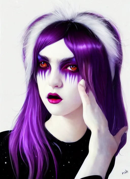 Image similar to portrait of white teenage girl, normal face, white bangs, mall goth, cyberlox, black and white hair, bangs, fluffy bangs, red contact lenses, purple lipstick, intricate, elegant, highly detailed, digital painting, artstation, concept art, sharp focus, smooth, illustration, art by wlop, mars ravelo and greg rutkowski