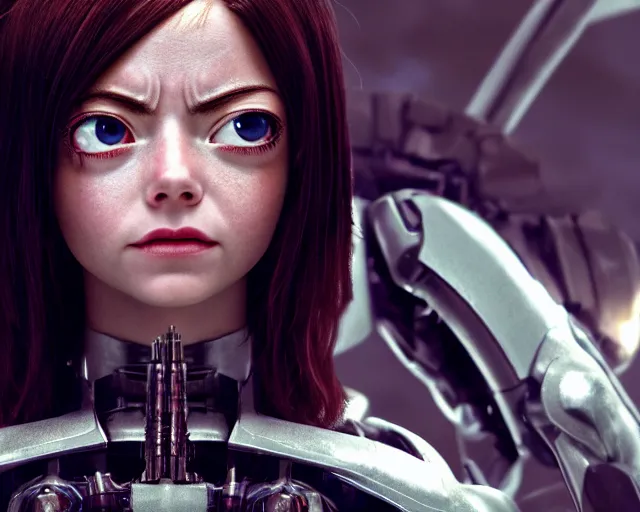 Image similar to a film still from battle angel alita played by actress emma stone, portrait, cinematic lighting, photorealistic, hyperrealistic, highly detailed, photorealistic, high resolution, 4 k