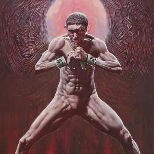 Prompt: tony ferguson knocked out illustrated by Wayne Barlowe, Zdzisław Beksiński, H. R. Giger, mma, mixed martial arts, mixed martial artists, UFC, Ultimate Fighting Championship, trending on artstation, detailed art, oil painting, C 10