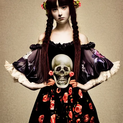 Prompt: 8 k, octane render, realism, tonalism, renaissance, rococo, baroque, portrait of a creepy young lady wearing long - harajuku manga - dress with flowers! and skulls, cotton candy