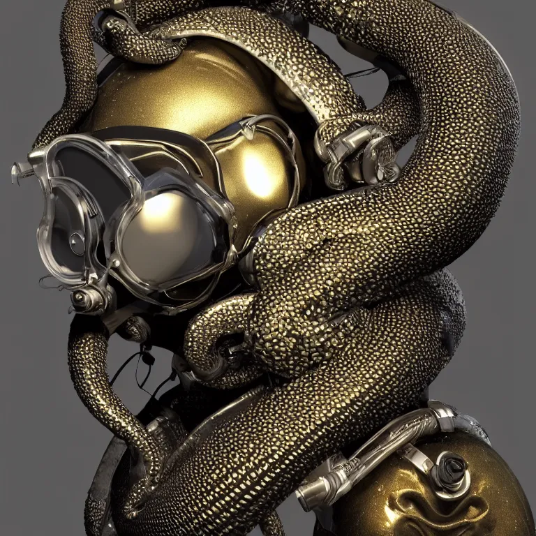 Prompt: octane render portrait by wayne barlow and carlo crivelli and glenn fabry, subject is a futuristic scuba diver with a shiny reflective silver metal helmet with colorful reflective goggles and covered in black ribbed rubber hoses, wrapped up in and completely covered by giant long shiny reflective golden octopus tentacles, cinema 4 d, ray traced lighting, very short depth of field, bokeh