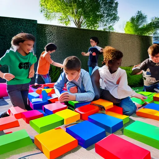 Prompt: photo of kids working on computers outside in the sun, large colorful blocks floating in the air, bright colors