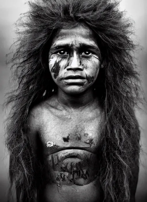 Image similar to Award winning Editorial photo of a Native Nauruans with incredible hair and beautiful hyper-detailed eyes wearing traditional garb by Lee Jeffries, 85mm ND 5, perfect lighting, gelatin silver process