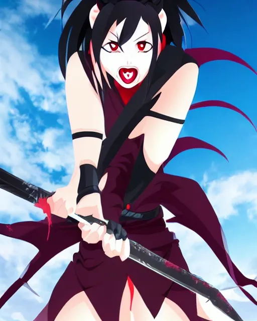 Prompt: beautiful female asian vampire ninja showing her fangs, in a menacing pose, anime key visual, clean linework