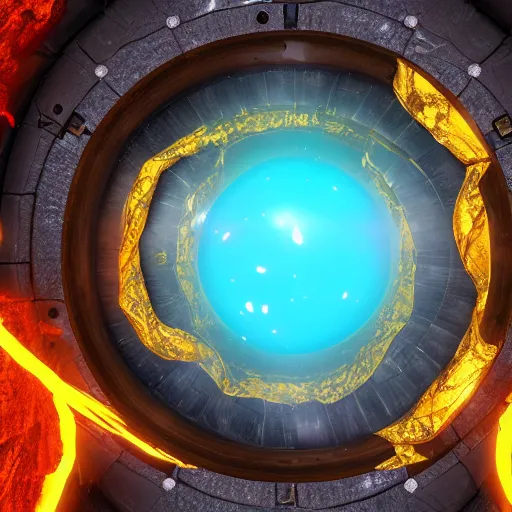 Prompt: a space portal with lava surface that has a golden frame that has trims of green and blue gemstones attached, highly realistic Unreal Engine