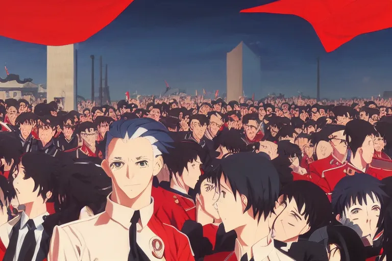 Prompt: anime key visual of a fascist regime rally 1 9 4 5, alternate universe matriarchy, nationalism, red flags, dictator, style of jamie wyeth james gilleard edward hopper greg rutkowski acrylic painting, preserved museum piece, historical