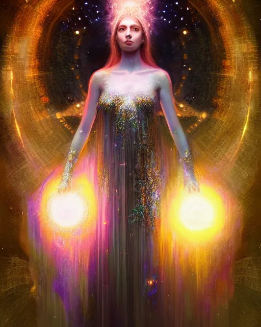 Prompt: Full View Portrait Mystical ethereal discoball deity wearing beautiful dress, disco ball Dryad beautiful dress, 4k digital masterpiece by Greg Rutkowski and Ruan Jia and rossdraws, Alberto Seveso, fantasycore, Hyperdetailed, realistic oil on linen, soft lighting, Iconography background, featured on Artstation