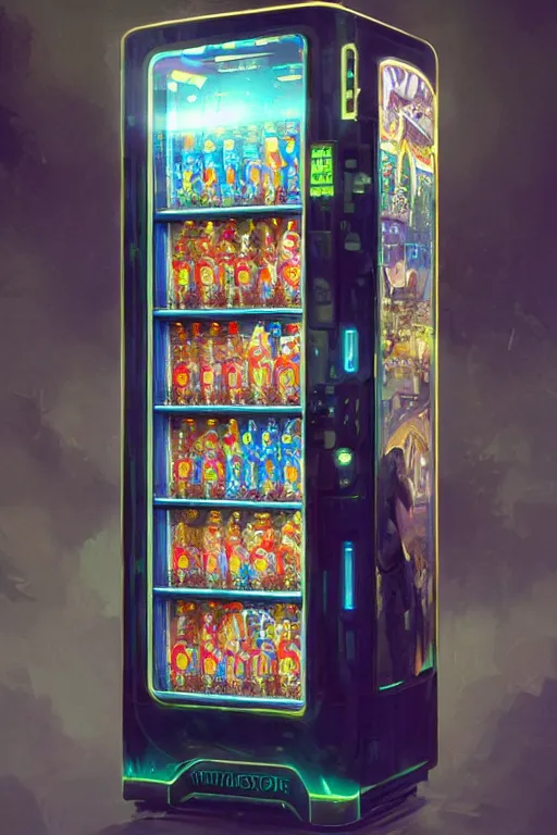 Image similar to futuristic vending machine with magic potions inside, highly detailed, 8k, rim lighting, digital painting, artstation , concept art, sharp focus, illustration, art by greg rutkowski and alphonse mucha