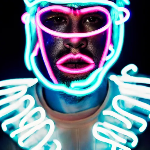 Image similar to a portrait of a beautiful young male wearing an alexander mcqueen armor made of neon lights, photographed by andrew thomas huang, artistic