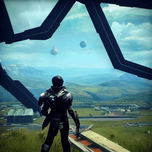 Image similar to “looking out over a vista. In the distance is a large forerunner structure in the style of a Destiny 2 skybox. First person”
