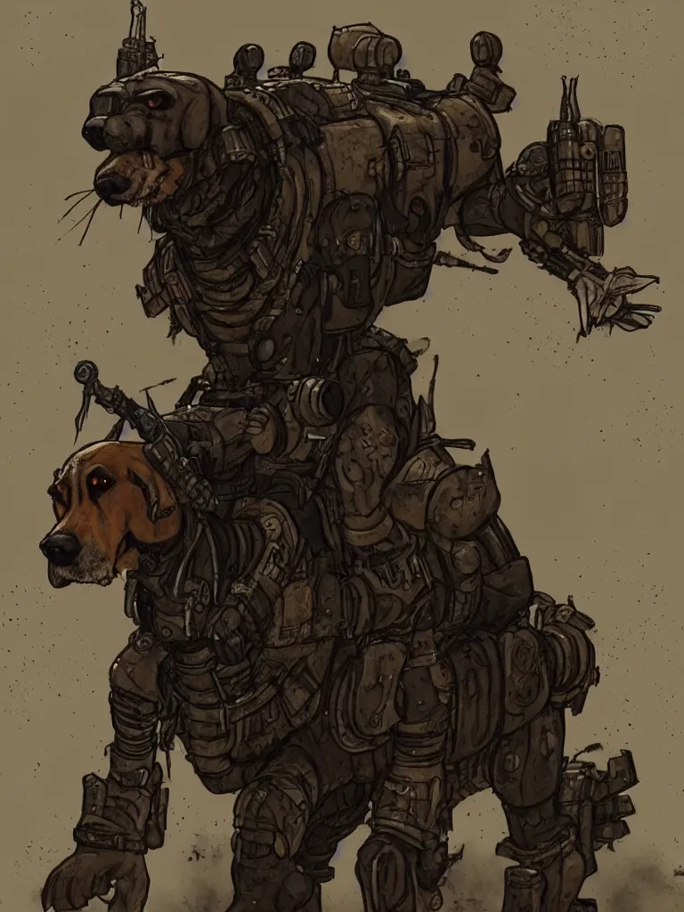 Image similar to a good ol'hound dog fursona ( from the furry fandom ), heavily armed and armored facing down armageddon in a dark and gritty version from the makers of mad max : fury road. witness me.