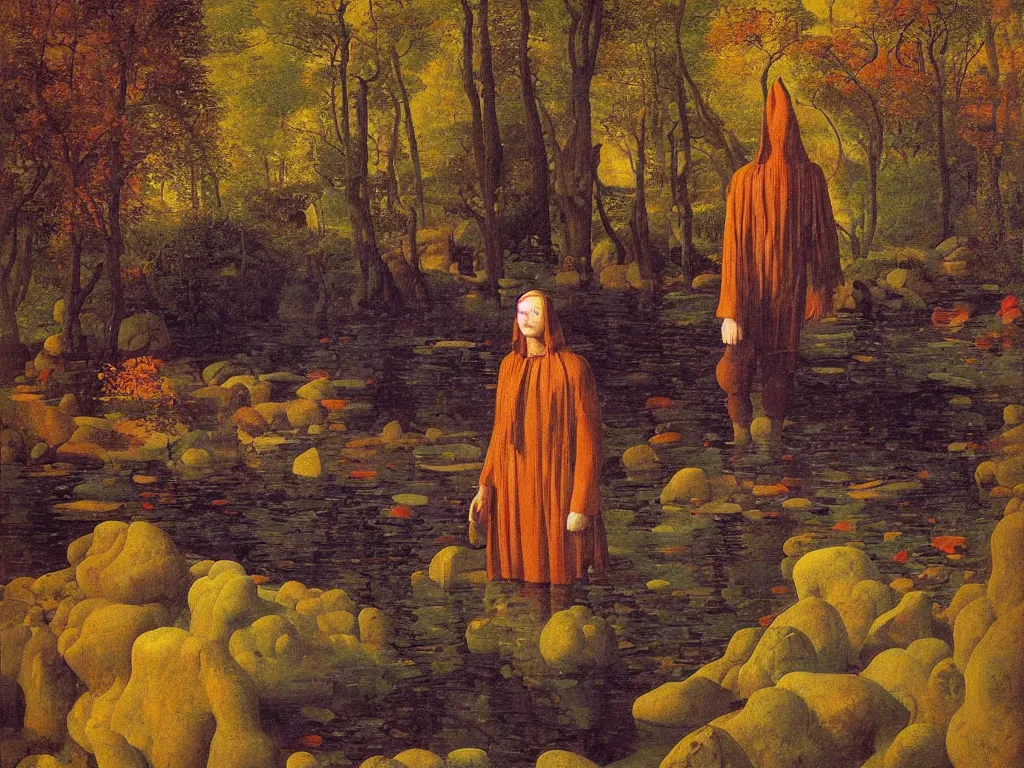 Prompt: Portrait of an artist in front of his canvas, knee deep in a river. Humanoid rocks, coral-like pebbles, autumn light. Painting by Jan van Eyck, Georges de la Tour, Rene Magritte, Jean Delville, Max Ernst, Walton Ford