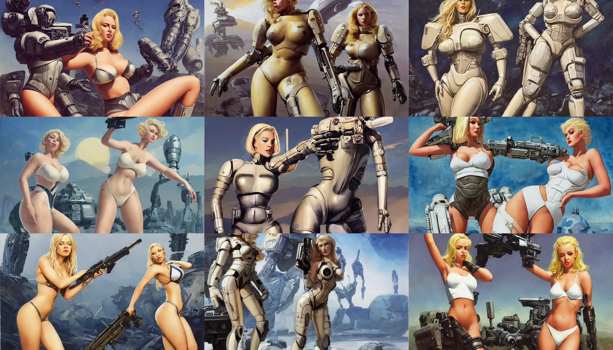 Prompt: A mixed media portrait painting of a beautiful blonde woman on an alien planet, very curvy, aesthetic! high-waisted white-bikini-armor and boots, cybernetics, starship-troopers-rifle, aesthetic symmetrical face and eyes, model, wet, pacific-rim-mech in background, by Frank Frazetta, Boris Vallejo, Beeple, Greg Rutkowski, Christian MacNevin, eighties pinup style, epic fantasy character art, high fantasy, CGsociety, exquisite detail, post-processing, masterpiece, cinematic