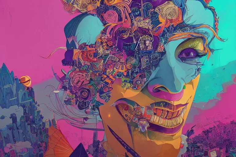 Prompt: stunning portrait of lady gaga as harley quinn as the joker by victo ngai, kilian eng vibrant colors, winning - award masterpiece, fantastically gaudy, aestheticly inspired by beksinski and dan mumford, 4 k upscale with simon stalenhag work, sitting on the cosmic cloudscape