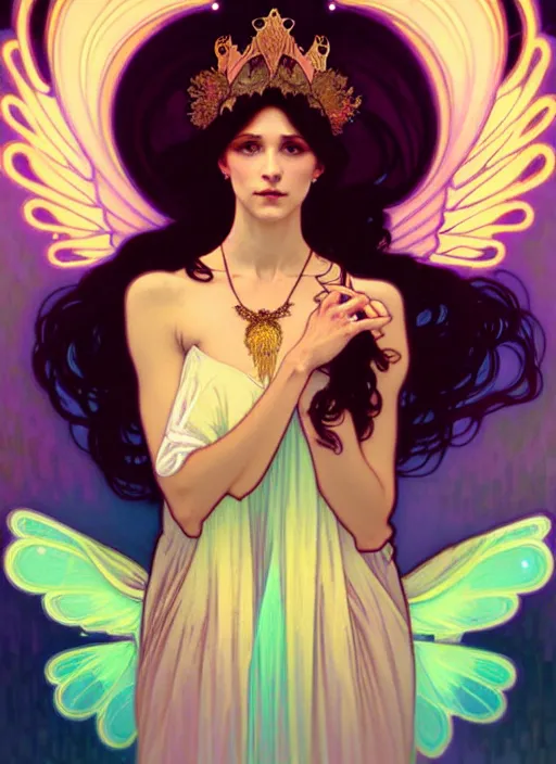 Image similar to ombre velvet gown, alphonse mucha, beautiful elegant woman with glowing wings, portrait, neon outline, long hair, tiara, dozens of jeweled necklaces, by greg rutkowski, brom, anato finnstark