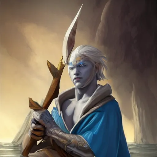 Image similar to blue-skinned 5e triton, wearing robes and holding a shark-tooth spear, naval background, fantasy, D&D 5e, 5th edition, portrait, piercing stare, highly detailed, digital painting, HD, artstation, concept art, matte, sharp focus, illustration, art by artgerm and greg rutkowski