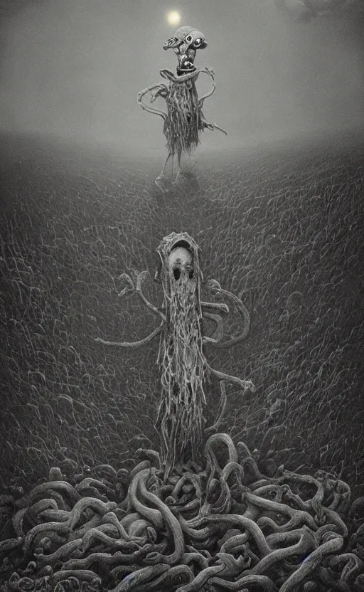 Image similar to spongebob squarepants in style of zdzisław beksinski, standing in wasteland, horror art, creepy, desolate, spongebob, spongebob, spongebob, spongebob