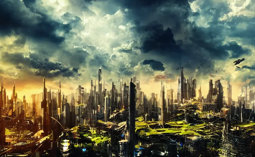 Prompt: vista of futuristic city, harmony of technology and nature, dramatic afternoon sky, peaceful