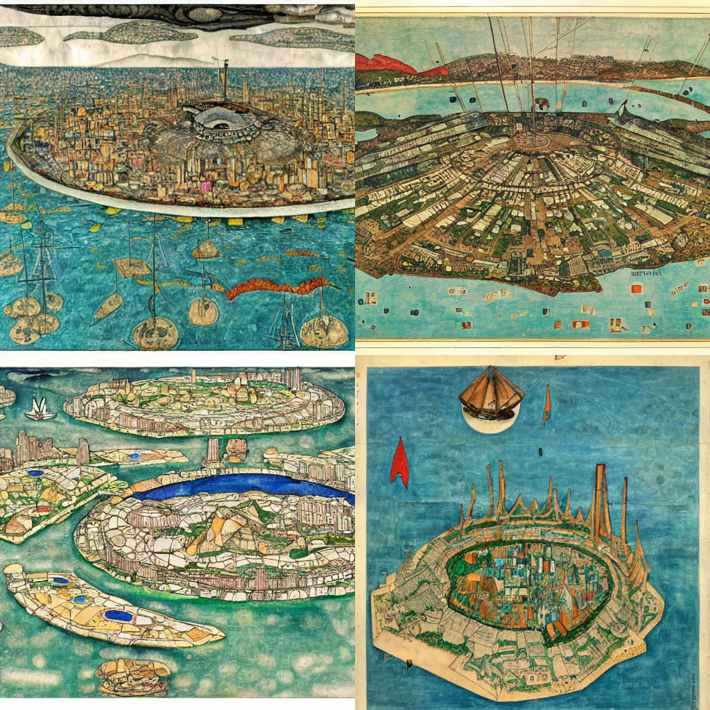 Prompt: a detailed map of a futuristic city located in a round island with a lot of vegetation surrounded by water with a few flying ships stationed around it, by egon schiele, the mexican muralist. full color, axonometric exploded view