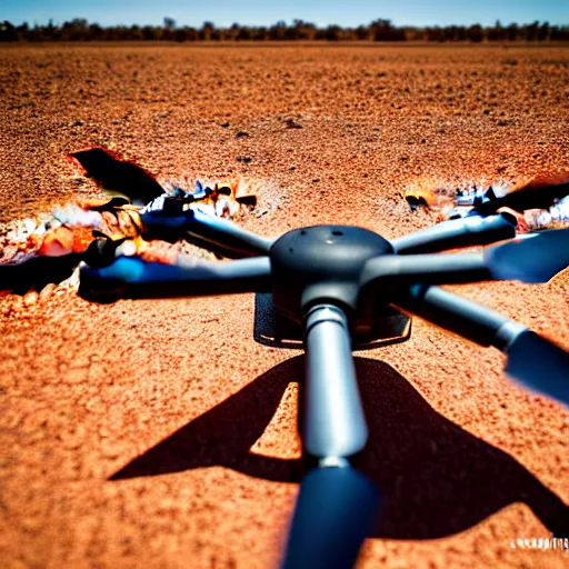 Image similar to industrial extrusion nozzle on flying radio controlled drone, extruding a clay mixture, in the australian desert, XF IQ4, 150MP, 50mm, F1.4, ISO 200, 1/160s, dawn