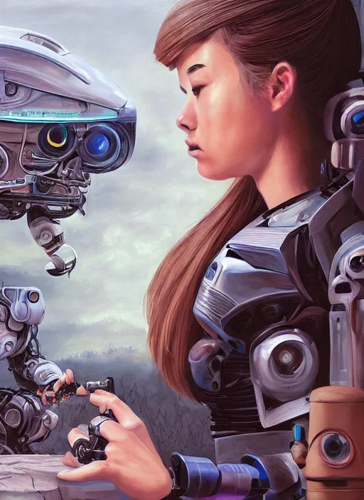 Image similar to An epic fantastic realism comic book style painting of a beautiful girl sitting on a rock looking at a robot drawing her portrait, robotics, short pigtails hair, asian girl, cyberpunk, Concept world Art, ultrarealistic, hyperrealistic, dynamic lighting by Paolo Eleuteri Serpieri