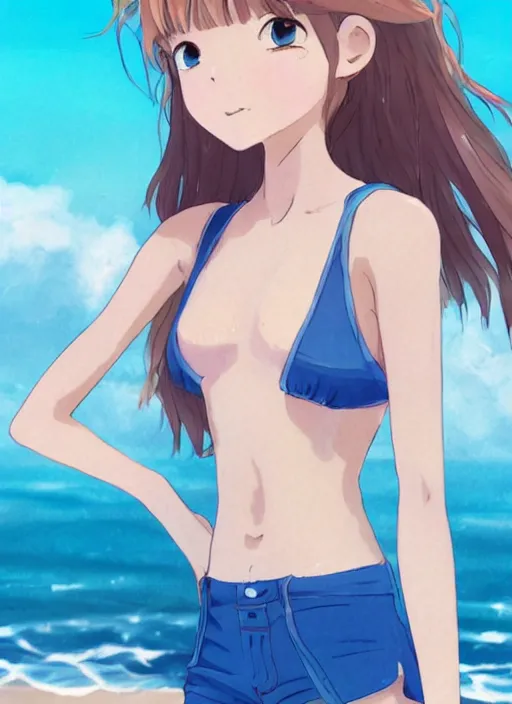 Image similar to girl at a beach, happy, beautiful, finely detailed, made by ross tran, studio ghibli, full body portrait, illustration, shinny water, shinny sand, sunny, anime, front view, perfect anime face, realistic face, zoomed out, smooth, blue eyes, high waisted shorts, sharp focus