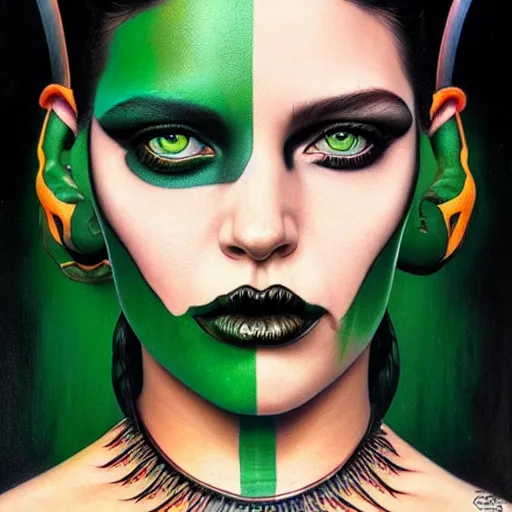 Image similar to ultra realistic portrait painting of a perfect beautiful woman green eyes black hair, neck tribal snake tattoo, painted by Tristan Eaton Stanley Artgerm and Tom Bagshaw