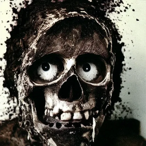 Image similar to exploded man covered in soot, bulging eyes, skull, photo from the 70s