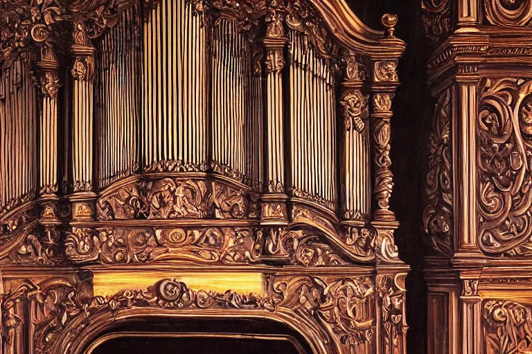 Image similar to pipe organ carved from dark smoke, high detail baroque oil painting