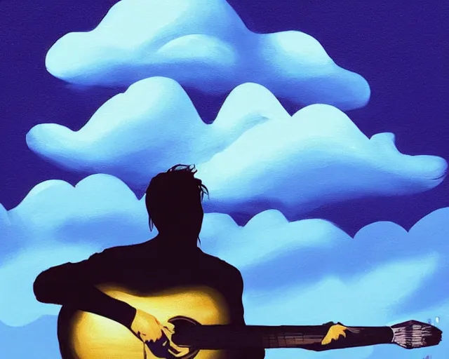 Prompt: A slightly silhouetted figure of a man with a guitar, clouds that look like mountains high in the sky, the clouds are a deep blue purple color with the sun blazing behind the clouds, deep focus, D&D, fantasy, intricate, elegant, highly detailed, digital painting, artstation, concept art, matte, sharp focus, illustration, hearthstone, art by Andreas Rocha and Esao Andrews