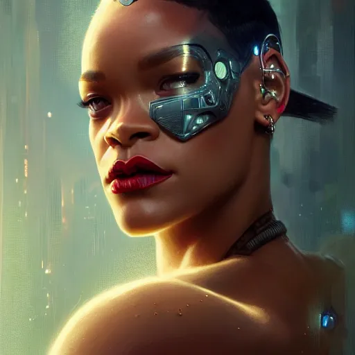 Image similar to cyborg Rihanna profile picture by Greg Rutkowski, dynamic pose, intricate, futuristic, fantasy, elegant, by Stanley Artgerm Lau, greg rutkowski, thomas kindkade, alphonse mucha, loish, norman Rockwell,