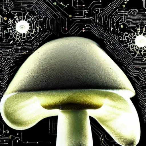 Prompt: photo of a cybernetic mushroom