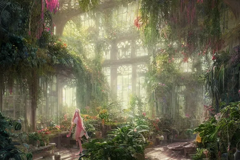 Prompt: a stunningly detailed picture of indoor botanical garden ， girl, by greg rutkowski and thomas kinkade, trending on artstation