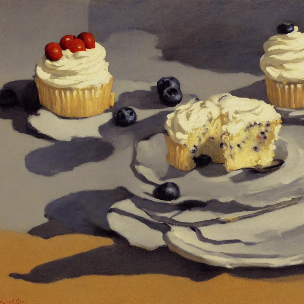 Prompt: painting of 1 blueberry cupcake with creme topping by Edward Hopper